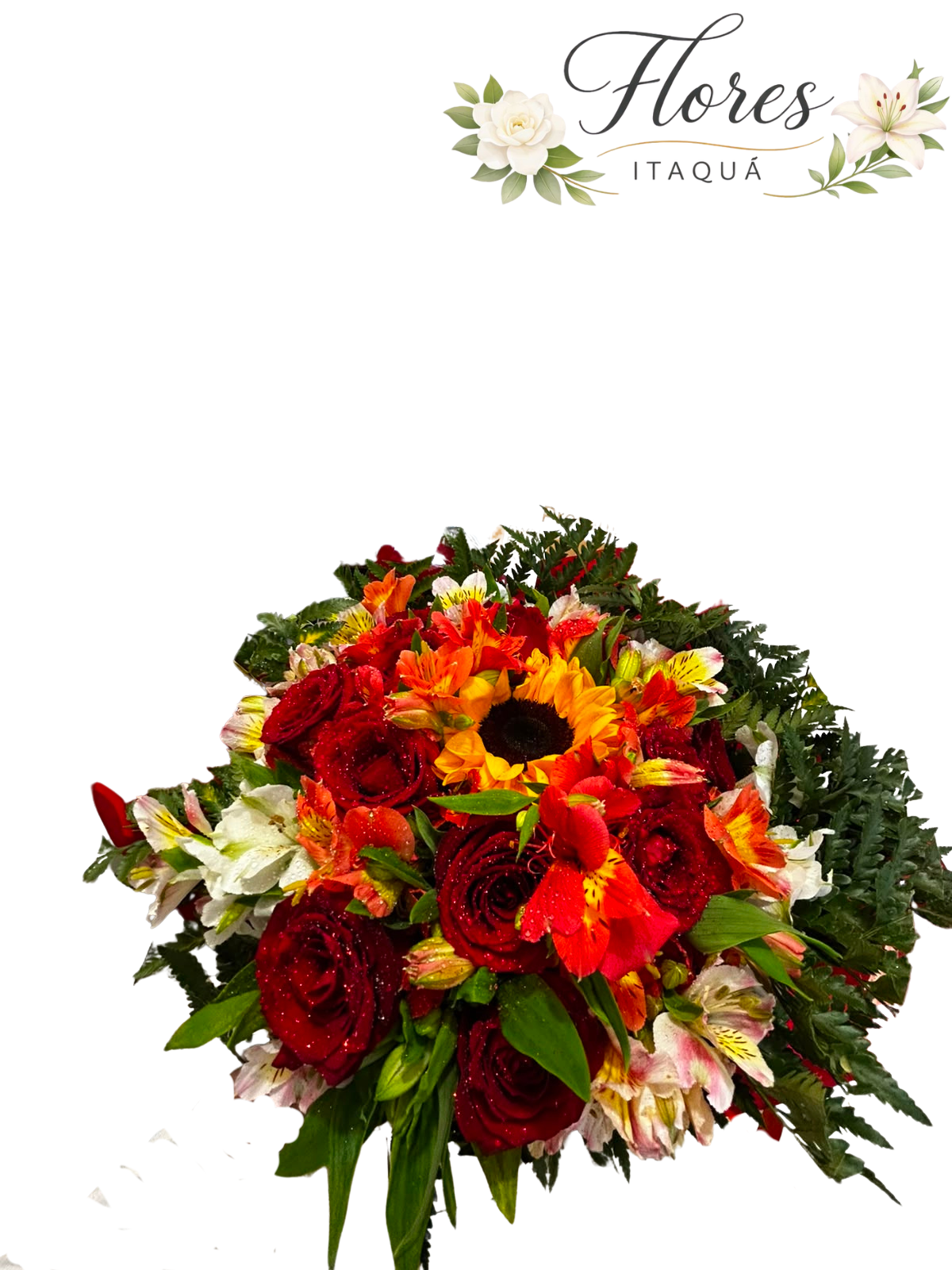 Buquê com 12 Rosas e Girassol